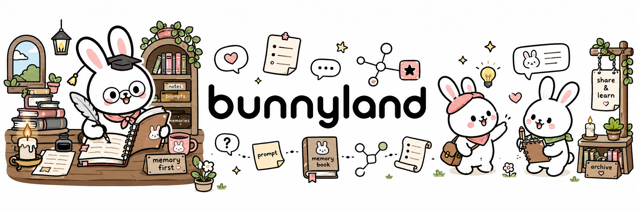 Bunnyland characters surrounded by notes, prompts, memories, and graph nodes.