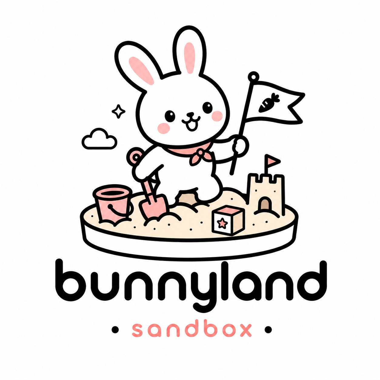 A bunny building in a sandbox with a Bunnyland flag.